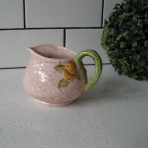 Sweet Vintage Royal Venton Ware Cream pitcher bud vase makeup brush organizer wraparound design embossed leaves twig handle oranges peaches