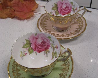 CHOICE Vintage Aynsley Teacup Set Pattern 765788 Heavy Real Gold Cabbage Roses Squared handle made in England garden tea party shower gift
