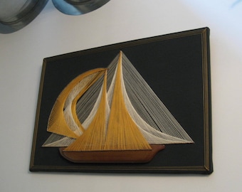 2' XL Vintage String Art Midcentury Sailboat Yellow Ivory Sails Solid Wood Boat Dark green cloth over wooden board Detailed gallery wall