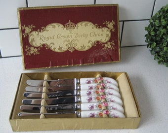 Vintage Royal Crown Derby Posies Knife Set with Original Box Garden Tea Party Luncheon shower gift fine bone china handles