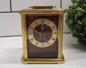 Vintage Jaz Paris France Carriage Clock with Alarm Everything works well glow-in-the-dark dots wood face thick bevelled glass desk bedside