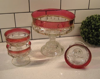 4pc Set Vintage Indiana Glass Tiffin King's Crown Thumbprint Compote Candle holder Two Dessert Champagne Coupes Ruby Flash Heavy classic