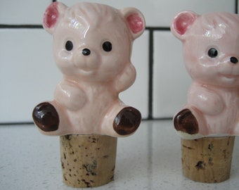 CHOICE Vintage Mini Pink Teddy Bear Bottle Stopper glazed ceramic Peach pink Candle holder retro air plant real cork kawaii animals bar gift