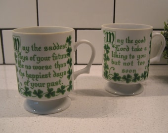 Pair Vintage Irish Coffee Footed Mugs Two different blessings green clover double sided graphics made in Japan couples gift retro tea party