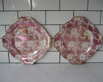 Pair 10" Vintage Royal Winton White Rose Plates Grimwades Currant Wine Brocade Iridescent Gold Trim c.1934-50 quatrefoil hygge gallery wall