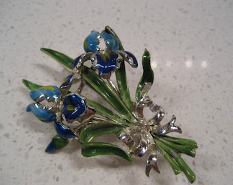 3” Vintage CORO Signed Enamel Iris Brooch Retro flower pin Pendant bail Midcentury Post-war Watercolours Van Gogh Irises Bombshell Pin-up