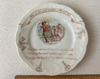 6.5&quot; Antique Nursery Rhyme Plate Children’s illustrated Germany porcelain embossed collectible gallery wall texture gold gilding Pipers Son