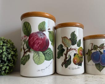 XL Vintage Pomona Britannica Portmeirion Canister Set w/ Wooden Lids The Hoary Morning Apple Teinton Squash Pear L'Imperatrice Plum England