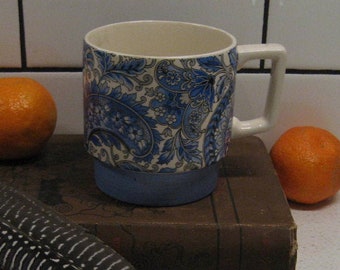 Taza de café vintage Sadler XL de 4,5", taza de té para hombre, diseño envolvente de cachemira azul, asa cuadrada, apilable, hecha en Inglaterra, regalo clásico de cocina