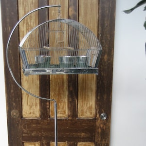 5.5’ Tall Vintage Hanging Bird Cage original Cast Iron Stand Base Chrome plated Seafoam green tray England Classic Retro Art Deco decor only
