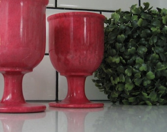 Jarrón de cáliz de piedra vintage de 5&quot; con copas de vino, mármol, travertino y ónix rosa intenso, hermosas estrías, estilo boho chic, el n.° 2 es exactamente el mismo