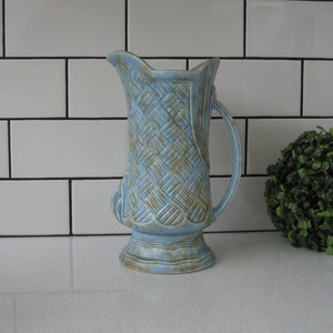 9" Antique Wade Heath Water Jug Pitcher Vase Art Deco Embossed designs cross-hatching Powder Blue Tan Sand No. 173 England saddle top gift
