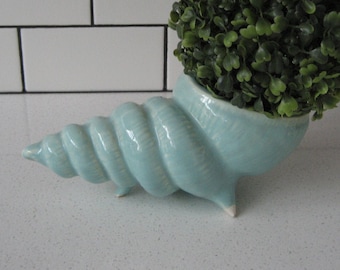 Large Vintage 3D Figural Seashell Snail Pottery Planter triple footed powder blue aqua eau de nil beach ocean kawaii gift retro kitsch