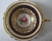BOGO 40 OFF Vintage Paragon bone china teacup duo - Double warrant backstamp - Abundant gold - pink roses - Navy - England - 1940s