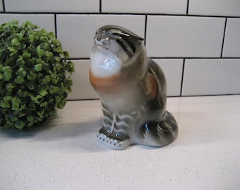 6.25” Vintage Lomonosov LFZ Porcelain Tabby Cat made in Russia hand-painted c.1940s backstamp animal lover gift kawaii bookshelf decor