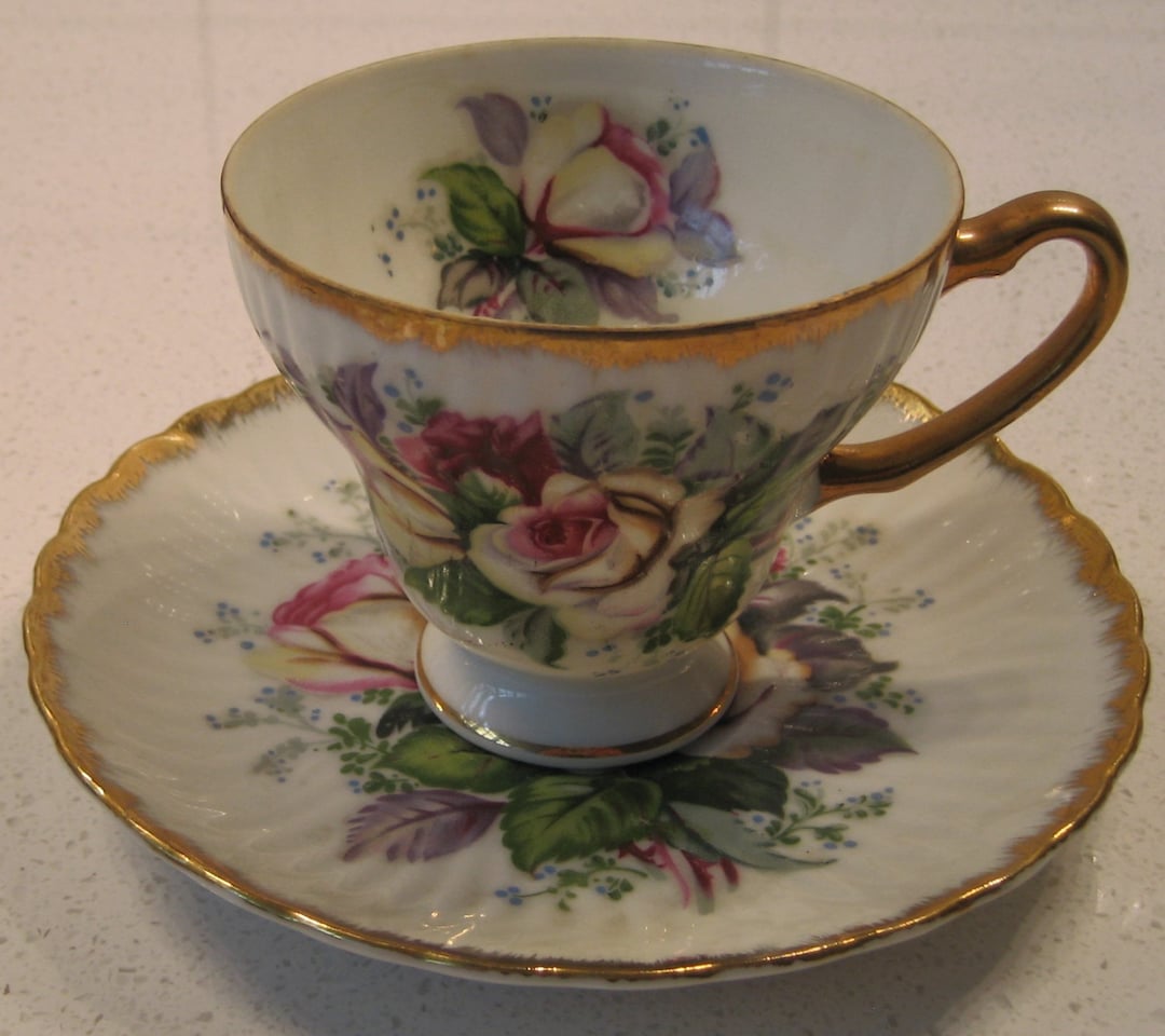 Vintage Japan Teacup Saucer Set Retro Roses Porcelain Heavy Gold ...