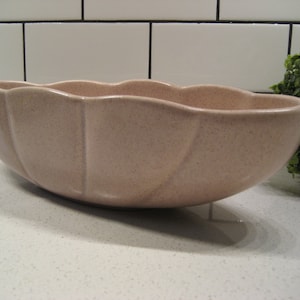 May include: A pale pink ceramic planter with a scalloped edge and a textured surface. The planter is oval shaped and has a wide, shallow design.