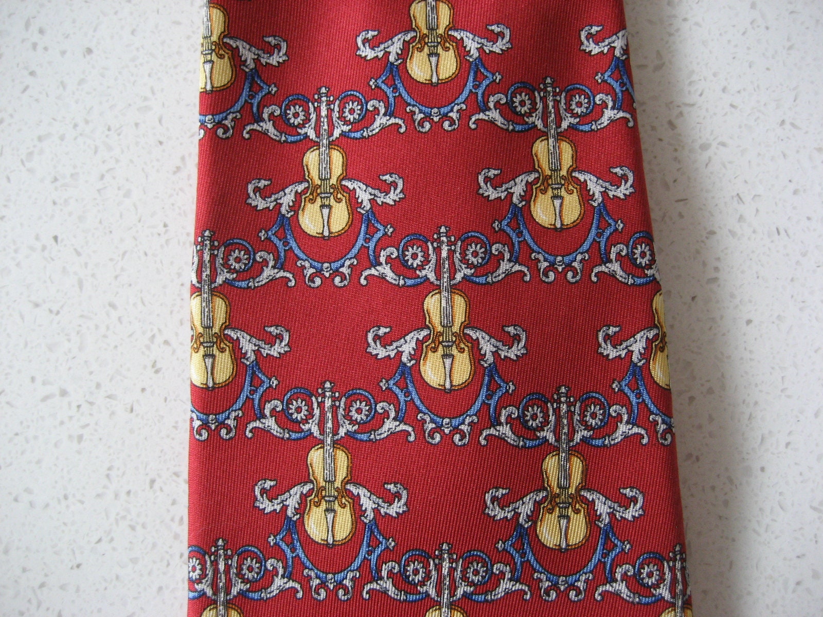 Vintage Christian Dior Silk Necktie made in France Violin Cello Red ground 1980s classical music French Luxe gift board meeting gravitas