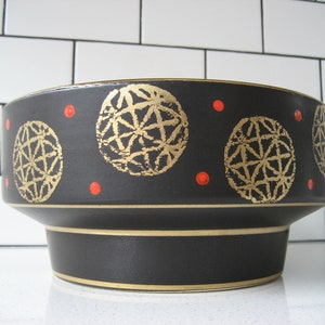8.75" Vintage Germany Pottery Bowl Centrepiece Fruit Planter Space age Eames Era atomic stars handpaint red dots mustard interior retro mod