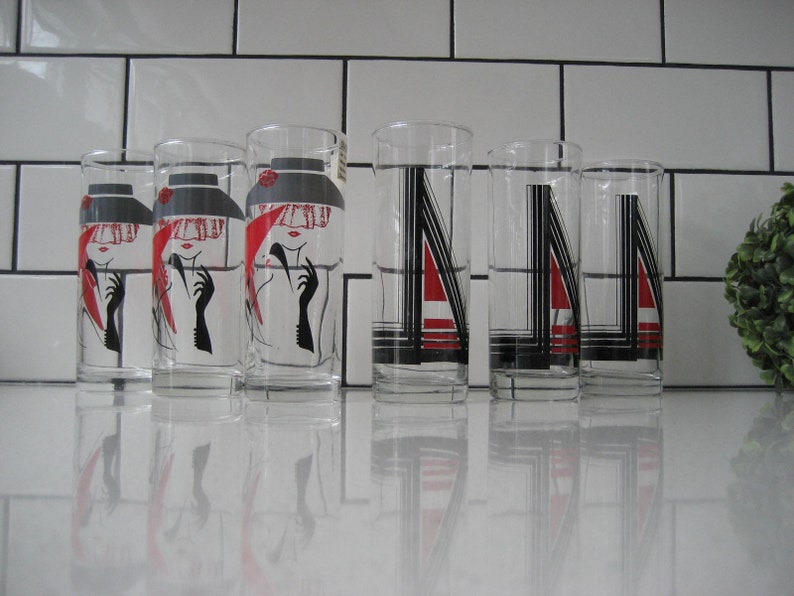 6pc Set Vintage Highball Glasses Geometric Art Deco Graphics Kedaung ...