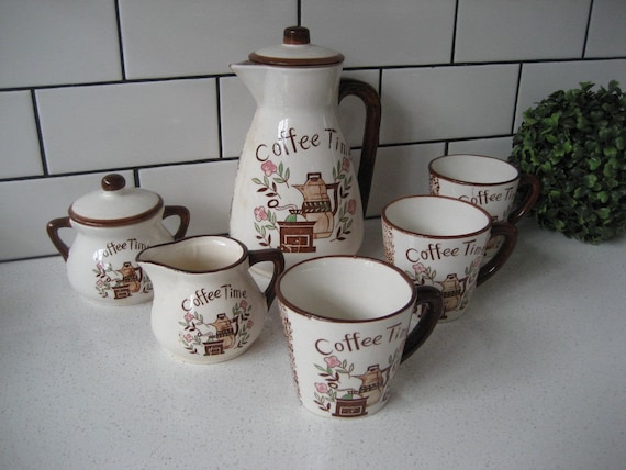 8pc Set Vintage Coffee Time Handpainted Pot Set Sugar Bowl