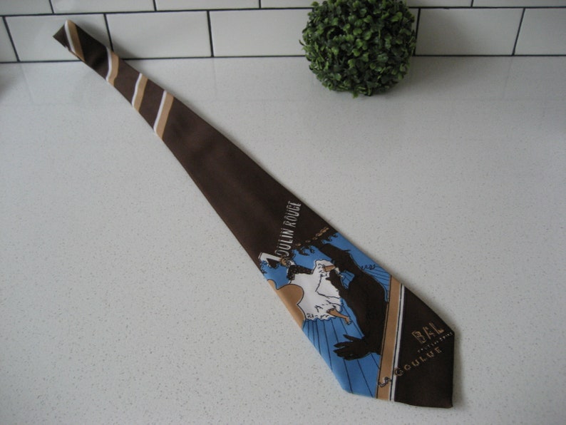 Vintage Champs Elysees Moulin Rouge Polyester Necktie Bal Tous Les Soire La Goulue can can dancer novelty travel gift Dad Husband Boyfriend