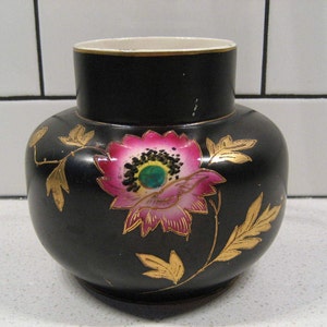 CHOICE Retro Falcon Ware china rotund pot vase Black handpainted poppies anemones Gold gilt White Geometric colourful flowers England gift