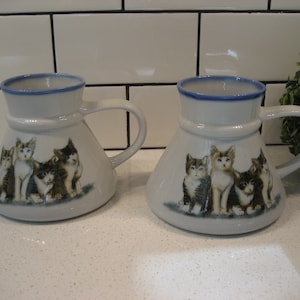 XL Pair Vintage Otagiri No-spill Travel Cups Blue eyes Kittens Cats Blue rims Sponge bottoms Like new Japan cat lover mugs couples gift