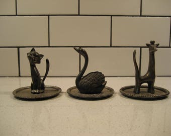 3.5” CHOICE Vintage Silver-plated Ring Holder Retro Swan Cat made in Hong Kong whimsical functional jewellery lover kitchen windowsill decor