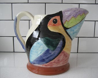 XL Vintage Toucan Pitcher Retro Wavy Hornbill Tropical bird Handmade Maker's Initials Hand-painted high-quality signed artisan wedding gift