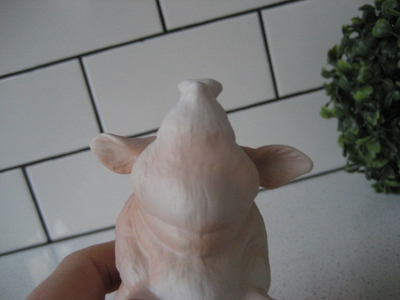 May include: A light pink ceramic pig figurine, viewed from the front, with visible ears and snout. The figurine is set against a white tiled background with a small green plant in the upper right corner.