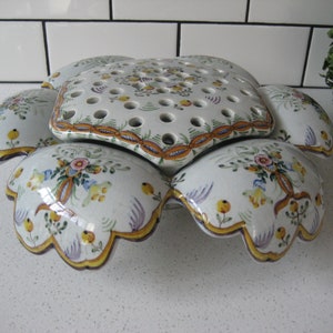 12&quot; XL Vintage Carvalhinho Porto Faience Pottery 3D Flower Bowl Frog Low Vase Hand-painted Gorgeous made in Portugal 2 pieces gift Rare