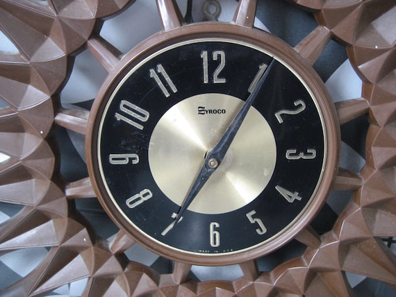 50's〜60's【SYROCO】サンバーストクロック 2.5' Huge Vintage Retro Syroco Sunburst Starburst Wall Clock Dark