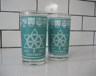 CHOICE 5" Vintage Glasses Aqua Pair Single Dark Green Canada Centennial 1967 Provinces Territories Sea to Sea Retro teacher gift home bar