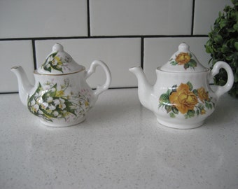 CHOICE 3&quot; Vintage MINIATURE Shelly Ann England Fine Bone China Teapot May lily of the valley or 50th Anniversary yellow cabbage roses gift