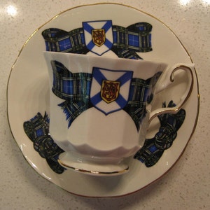Vintage Elizabethan fine bone china teacup saucer set Nova Scotia Tartan made in England circa 1980s tea lover gift retro Maritimes party