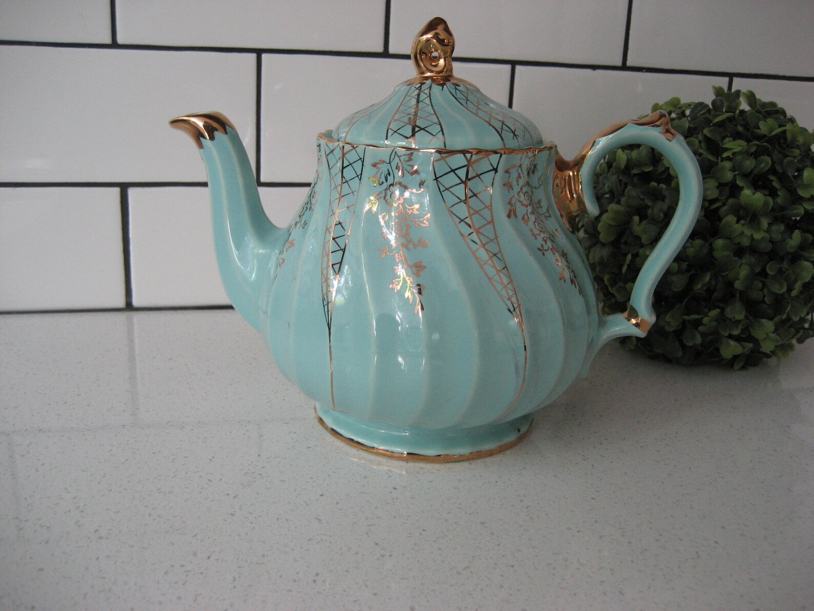 Vintage Sadler Teapot Turquoise Aqua Made in England Gold Etsy