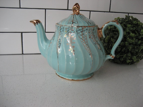 Vintage Sadler Teapot Turquoise Aqua Made in England Gold Hand