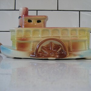 XL Heavy Vintage Steamboat Planter Muted Pastels Baby Shower Desk organizer Bath bead holder Midcentury Riverboat fantasy Retro gift