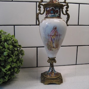 9.75” Antique French Ormolu Mounted Porcelain Vase Champlevé Enamel Handpainted Signed c1890 Paris Rare Heirloom Luxe French country gift