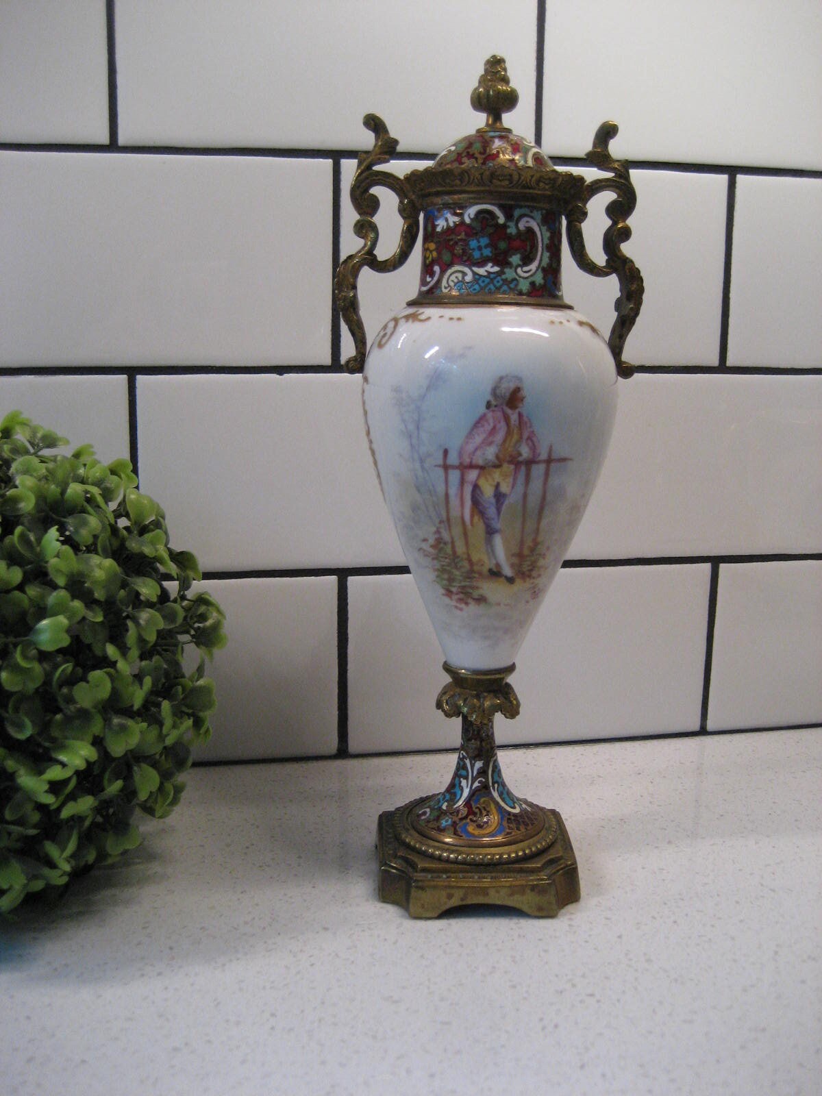 9.75” Antique French Ormolu Mounted Porcelain Vase Champlevé Enamel Handpainted Signed c1890 Paris Rare Heirloom Luxe French country gift