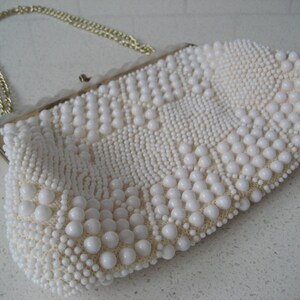 Vintage Goldco Handbag Midcentury Clutch Hong Kong Geometric beading Gold tone metal Original chain handle & tag rockabilly white wedding