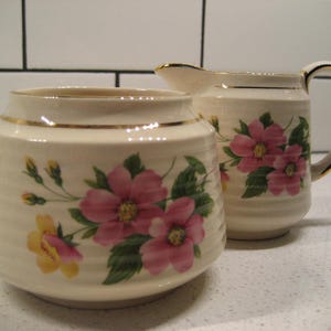 2pc Set Vintage Sadler cream sugar Pink yellow florals Gold gilding Undulating sides made in England apple blossoms retro shower gift garden