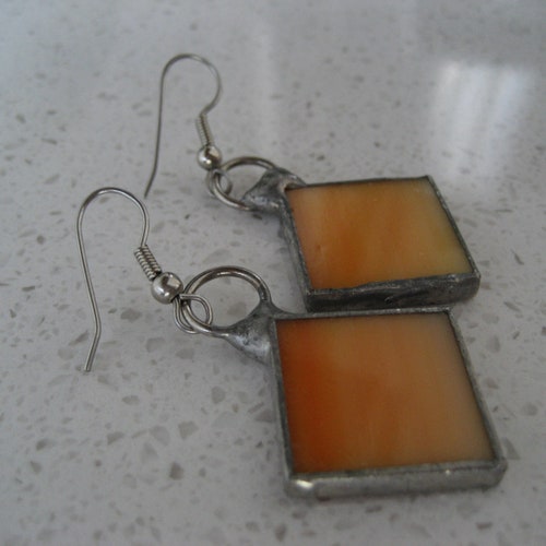Vintage Handmade Artisan Stained Glass Earrings Diamond Shape shops Ombre Orange yellow sunrise French hook boho chic retro gypsy festival gift