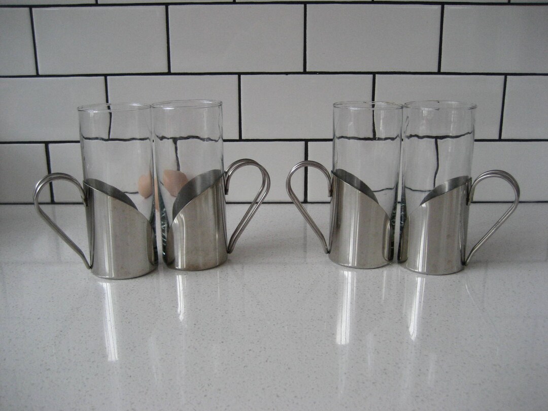 Removeable Glass Insert 4pc Set Vintage Tall Mugs Bullet With Butterfly Wings Silvertone Metal ...