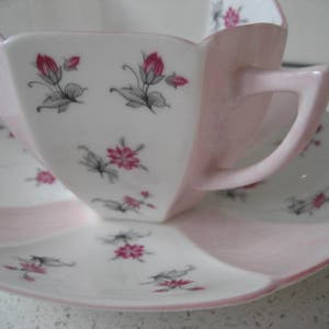May include: A pink and white teacup and saucer set with a floral pattern. The cup has a unique shape with a pointed edge and a handle. The saucer has a scalloped edge.