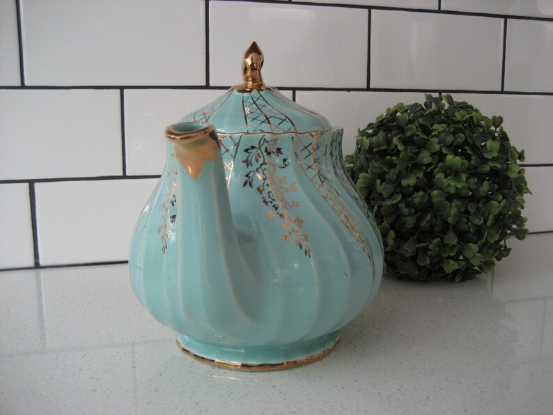 Vintage Sadler Teapot Turquoise Aqua Made in England Gold Etsy