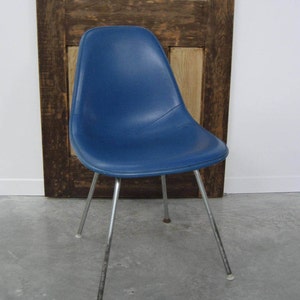 Vintage Eames Herman Miller Fibreglass Shell Chair Alexander Girard Naugahyde Rare Berry Blue Embossed logos MCM space age atomic era gift