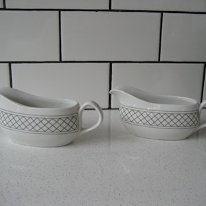 "Paar 5,75 "Vintage Steelite International England Sauciere grau Crosshatch Design Sauce Ahornsirup Sukkulenten Pflanzer klassisches Küchengeschenk