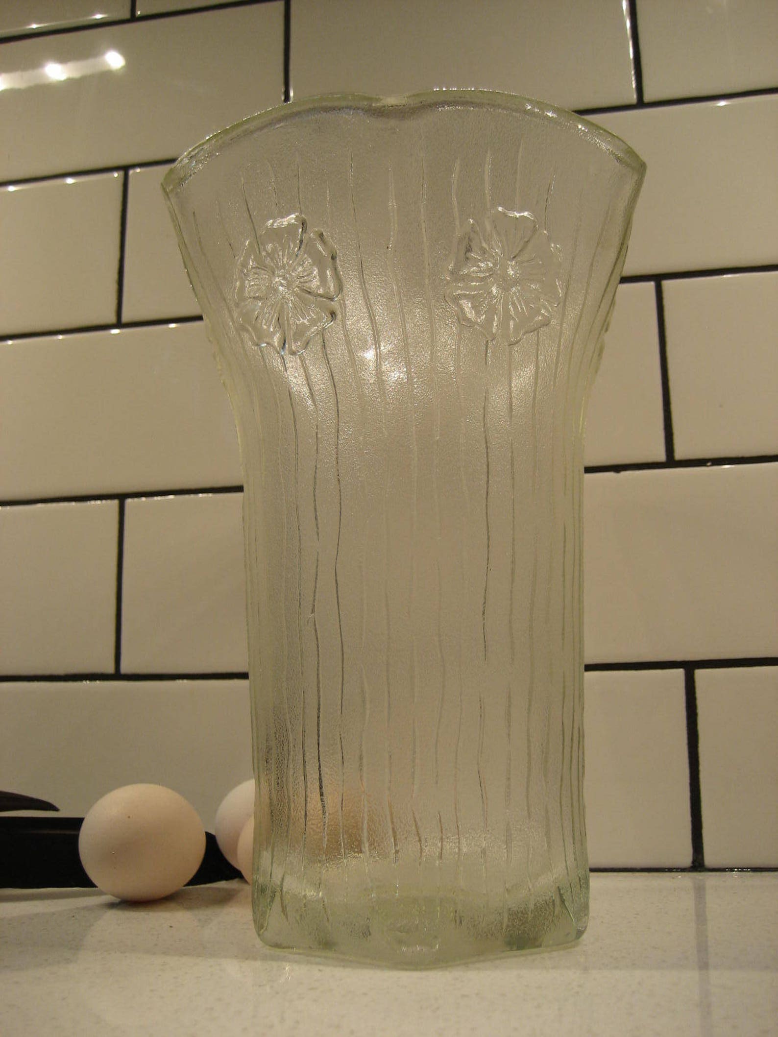Vintage XL Pressed Glass Vase Embossed flowers on all sides Etsy